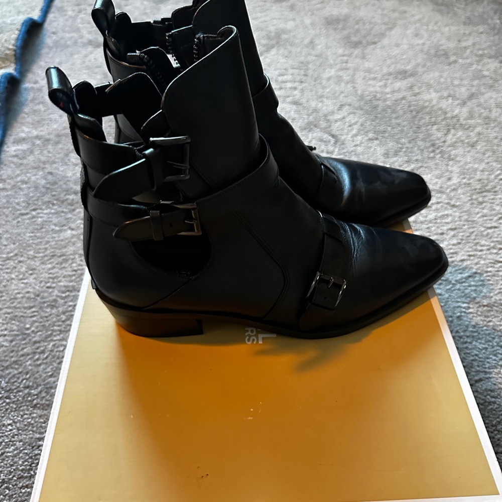 Michael Kors Black Leather Ankle Boots with Buckle Detail - Picture 2 of 4